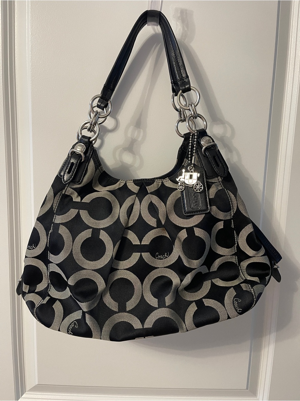 Vintage Coach Madison Op Black Signature Circle Tote with Silver Hardware